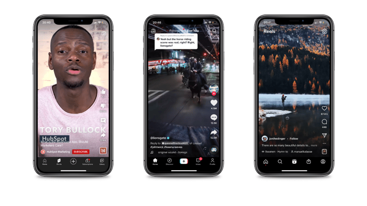 Three phones showing Youtube Shorts, Instagram Reels, and TikTok apps