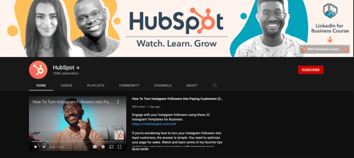 Screenshot of HubSpot's Youtube channel, highlighting a link to their online LinkedIn course.